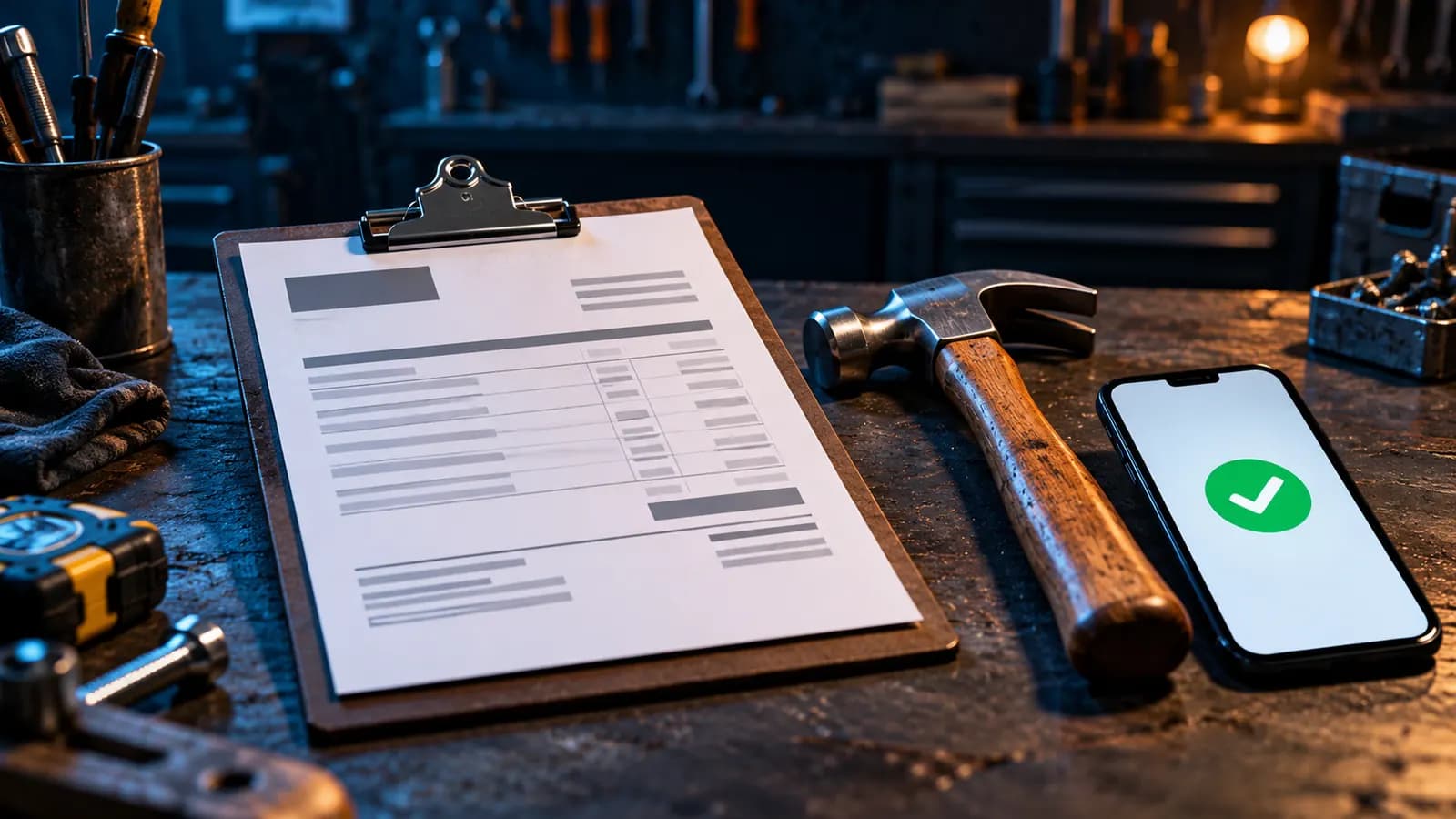Ein Klemmbrett mit einer ordentlichen Rechnung neben einem Hammer und einem Smartphone mit grünem Bezahlt-Haken, Werkstatttisch im weichen Licht