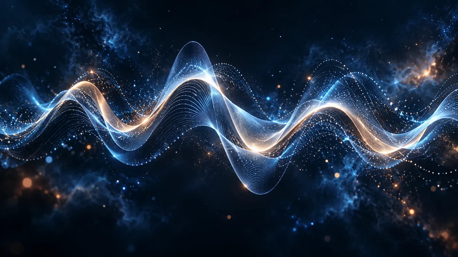 A sound wave rendered as elegant typography flowing across a dark page, with a blue highlight