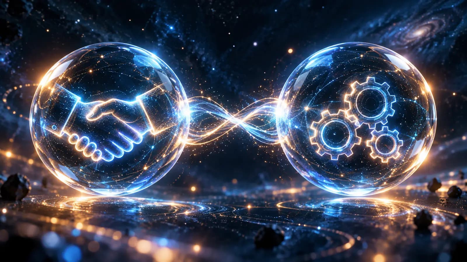 Two glass spheres, one with a handshake icon and one with gears, connected by a bridge of light on a dark background