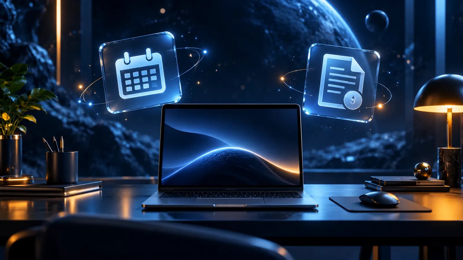 Ein aufgeräumter Schreibtisch mit Laptop, Kalender und Rechnungssymbolen, die als Glaskacheln darüber schweben, in dunkelblauer Stimmung