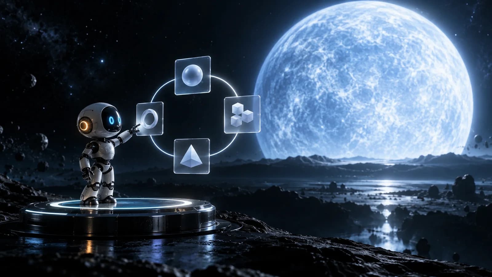 Ein kleiner Roboter auf einer leuchtenden Plattform tippt auf vier schwebende Glasfelder in einem Lichtring, im Hintergrund geht eine riesige blau leuchtende Kugel über dem Horizont auf