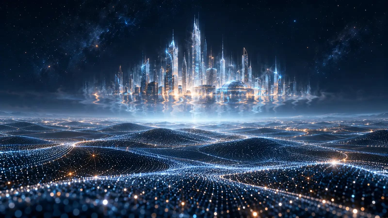 Eine flirrende, luftspiegelartige Stadt über einer Wüste aus Datenpunkten unter dunklem Himmel in Blautönen