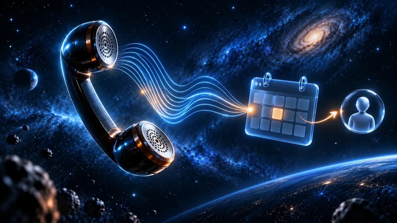Glänzender Telefonhörer mit blauen Schallwellen, verbunden mit einem gläsernen Kalender und einem Symbol für die Übergabe an einen Menschen