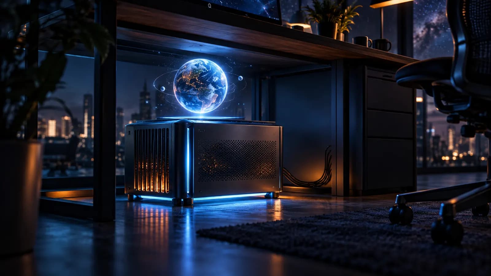 Ein kompakter Servergehäuse unter einem Schreibtisch leuchtet, darüber schwebt das Hologramm eines kleinen Planeten, in einem dunklen Büro