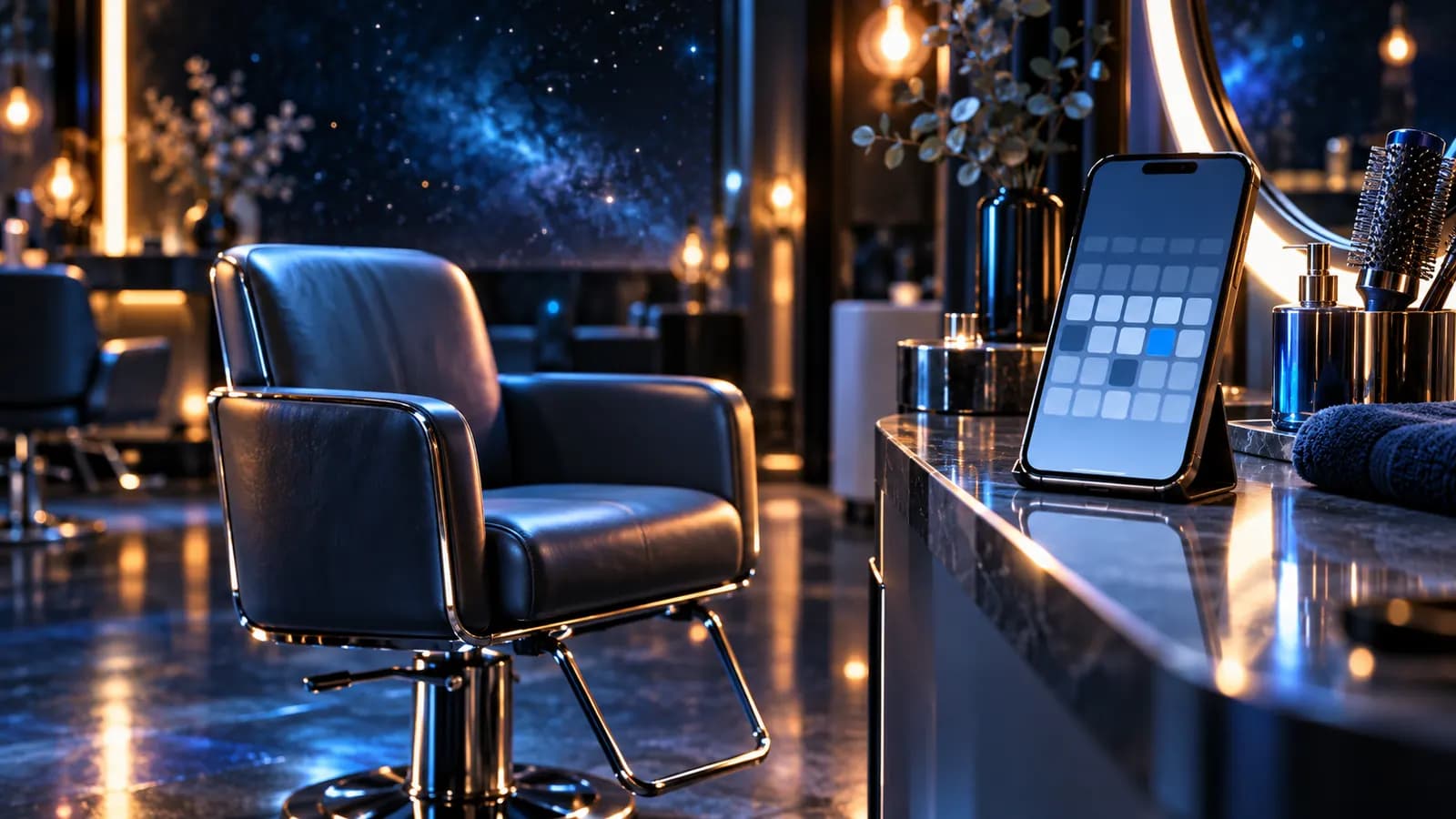 Ein Friseurstuhl in weichem Licht, auf der Theke ein Smartphone mit einem Kalenderraster, ruhige blaue Akzente
