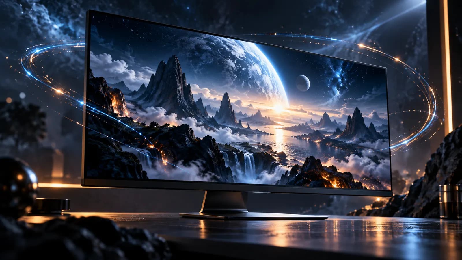 A cinematic dark website hero on a large display with subtle particle trails in studio lighting, with no readable text