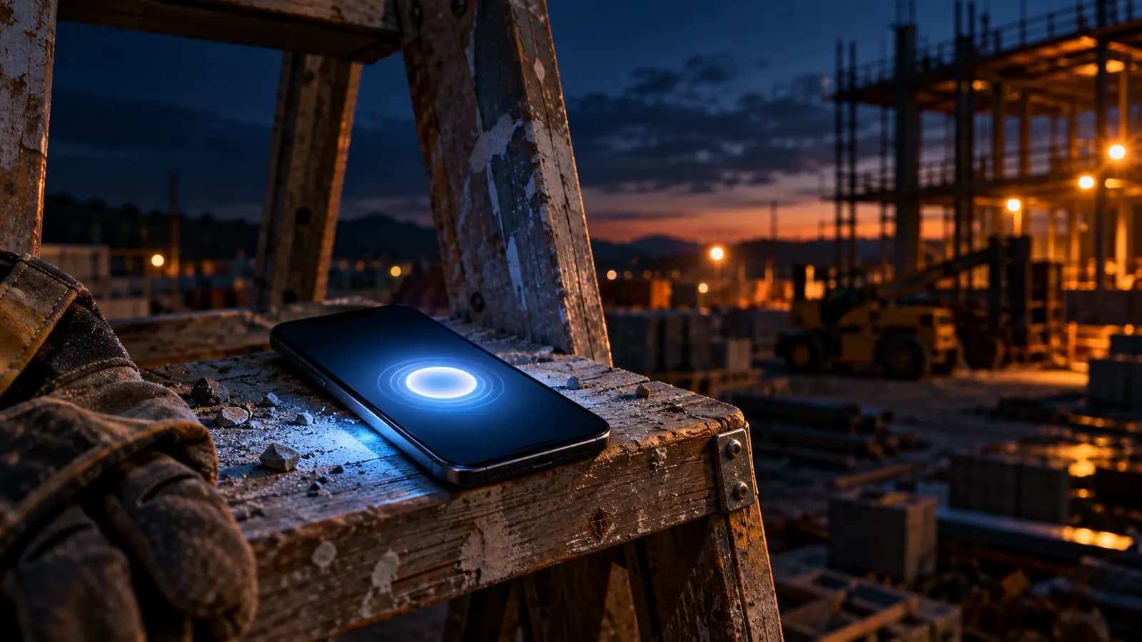 Ein klingelndes Telefon auf einer Leiterstufe einer Baustelle mit sanftem Benachrichtigungsschimmer in der Dämmerung
