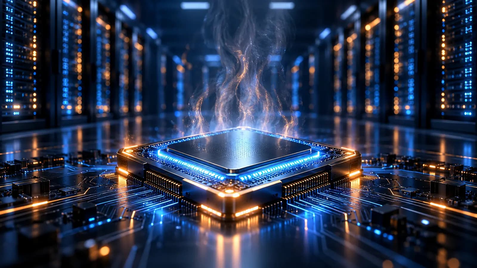 Ein einzelner leuchtender Prozessorchip mit aufsteigender Hitze vor unscharfen Serverschränken in dunkler Umgebung