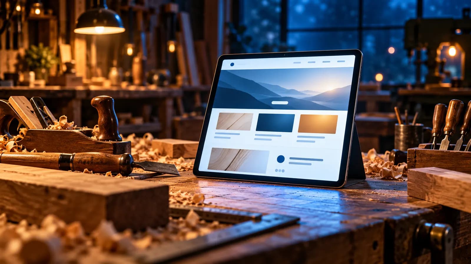 Eine Tischlerwerkbank mit einem Tablet, das eine aufgeräumte einseitige Website zeigt, im warmen Werkstattlicht mit blauem Bildschirmschein