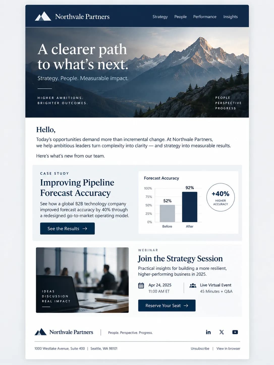 B2B-Newsletter einer Beratung mit Case Study und Webinar (Beispiel)