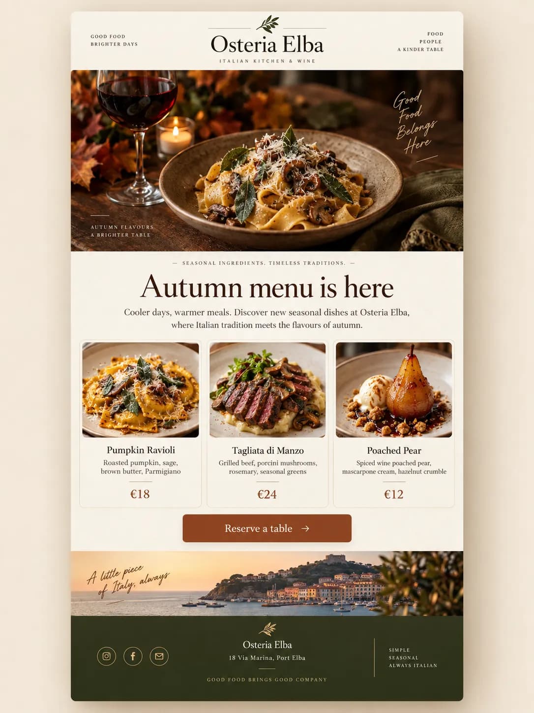Newsletter eines Restaurants mit Herbstkarte und Reservierungs-Button (Beispiel)