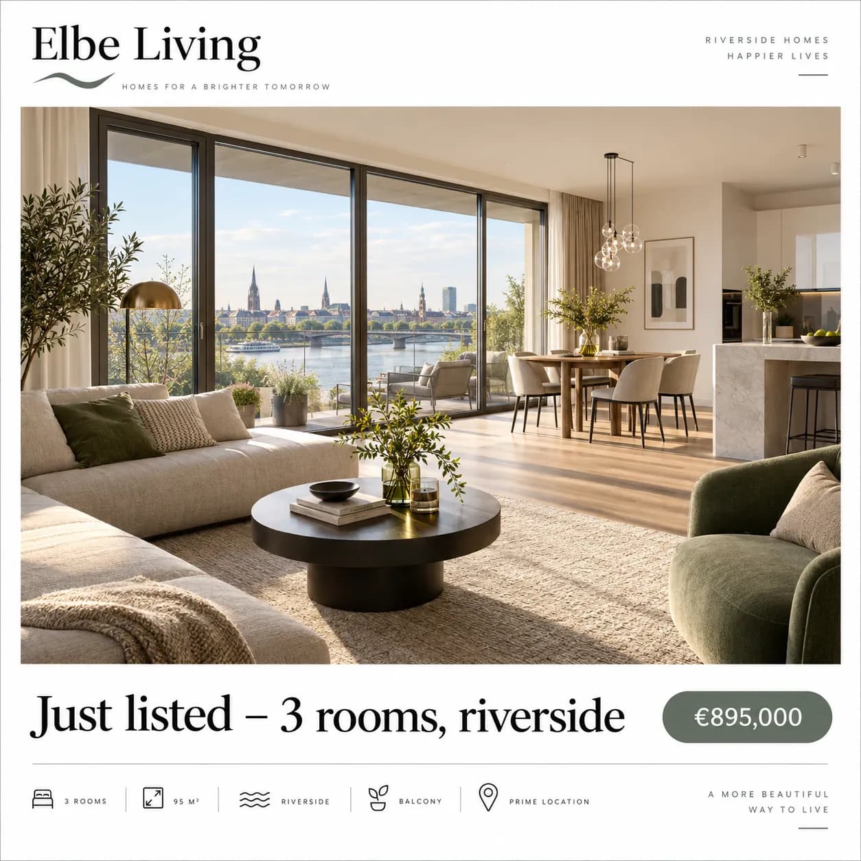 Social-Media-Post für eine Immobilienagentur: neue Wohnung am Fluss (Beispiel)