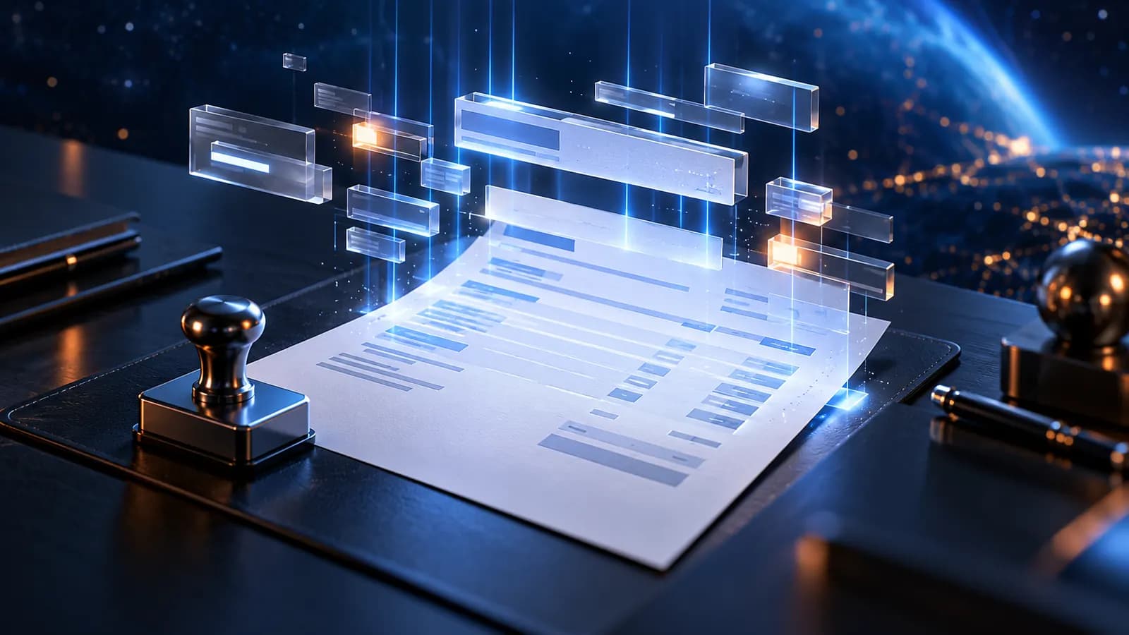 A document with line items assembling itself from floating data blocks; small stamp icon, clean blue light, dark background