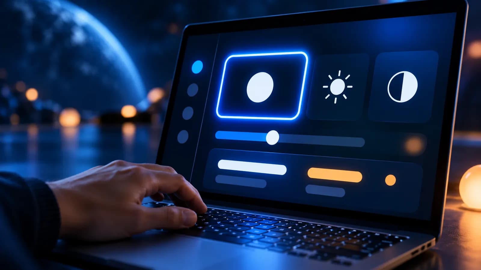 Blauer Planet im dunklen Kosmos, daneben stilisierte, gut lesbare Schriftzeilen, die eine Website symbolisieren