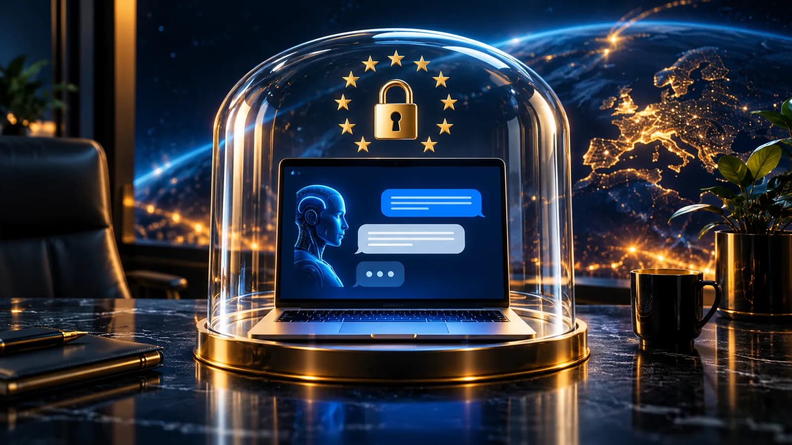 Chat bubble under a glass shield with a padlock and EU star circle