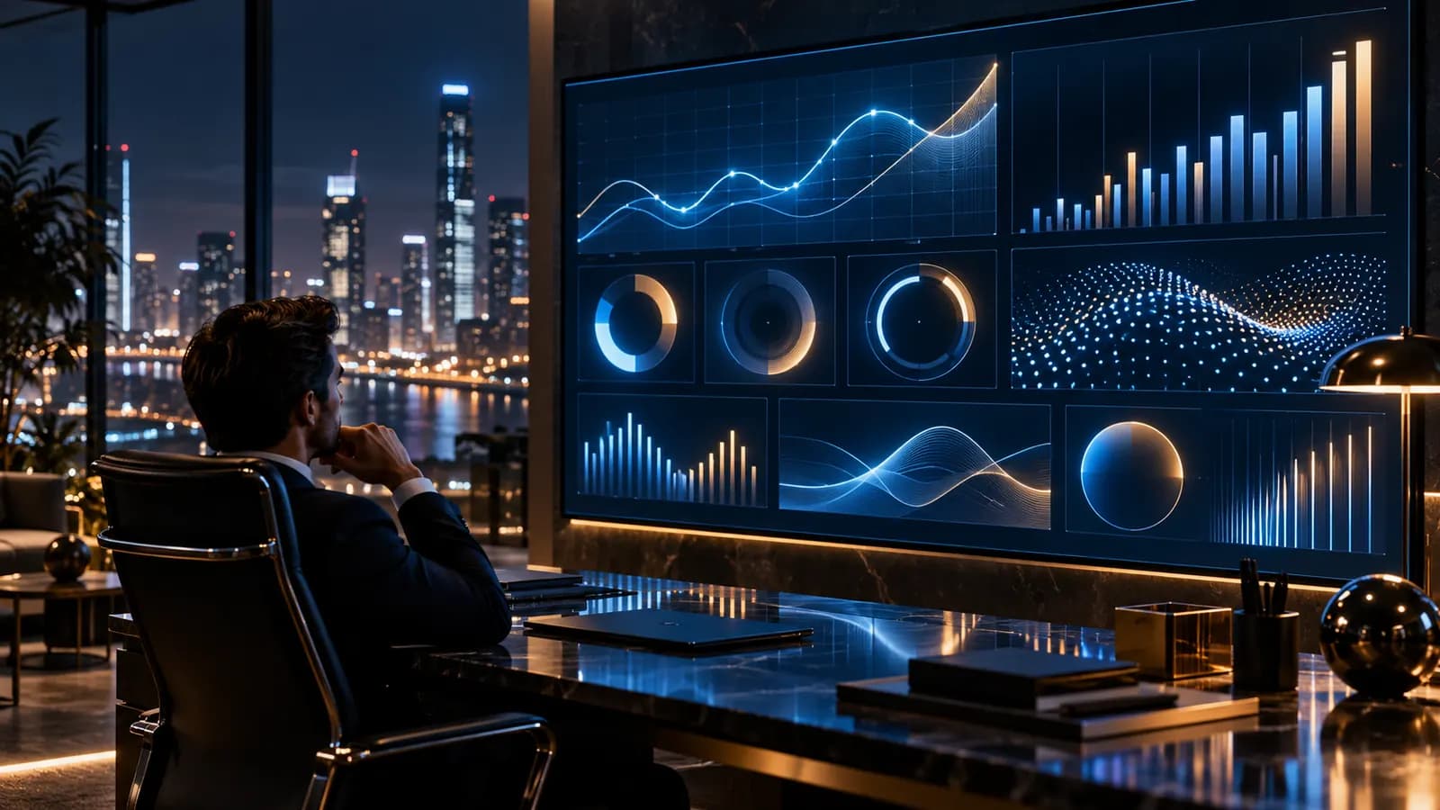 Ein elegantes dunkles Dashboard mit wenigen großen Zahlen und einem einzelnen Liniendiagramm auf einem Wandbildschirm in einem nächtlichen Büro