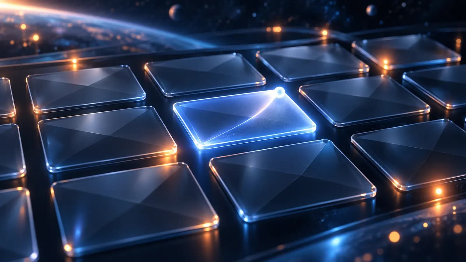 Ein Posteingang, in dem E-Mails automatisch in drei Stufen sortiert werden: Entwurf, Freigabe durch eine Hand, abgeschicktes Schreiben, isometrisch auf dunklem Hintergrund