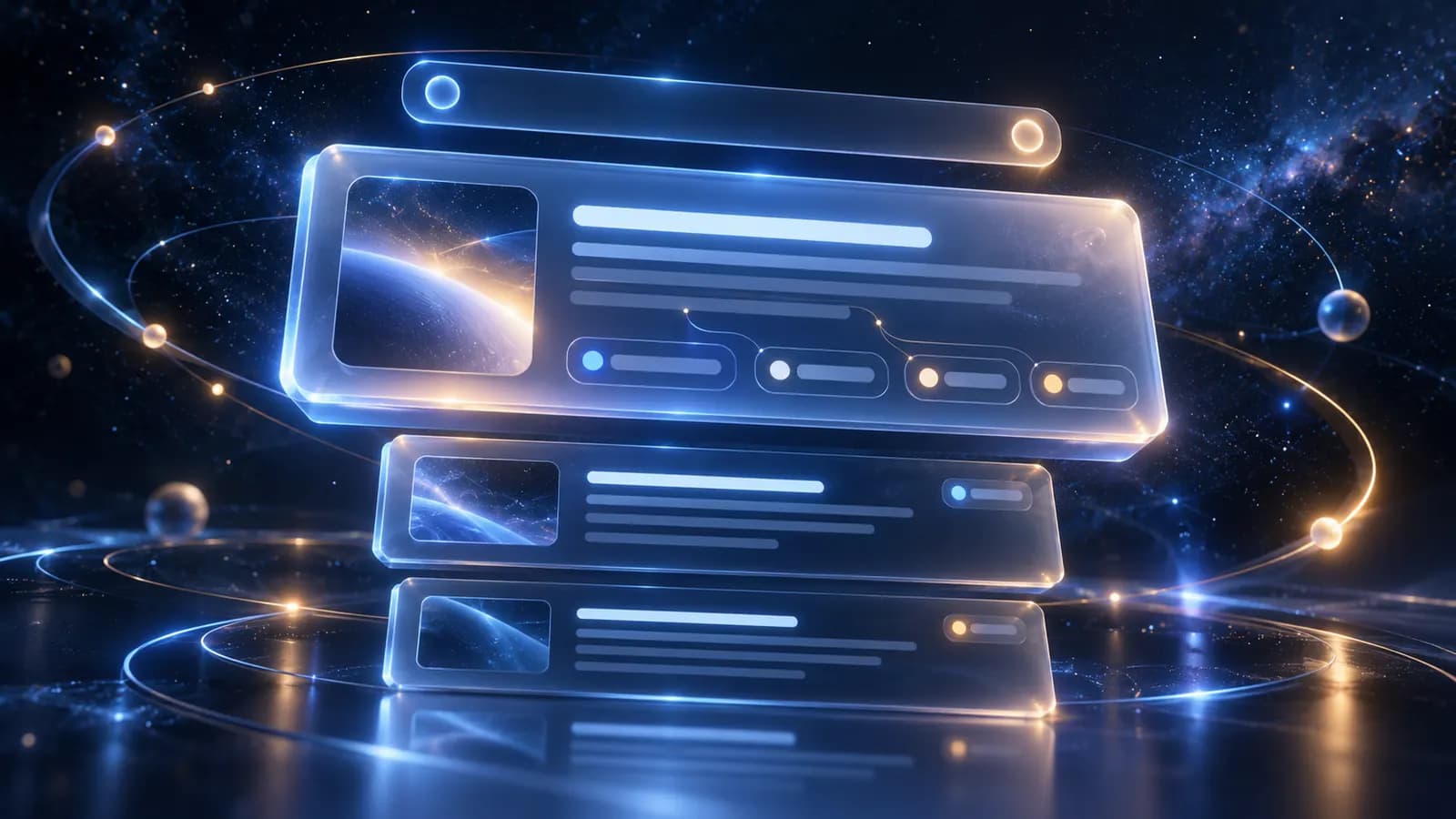 Abstracted search results page with glowing panels, the top panel expanding with small source chips, dark background with blue highlights