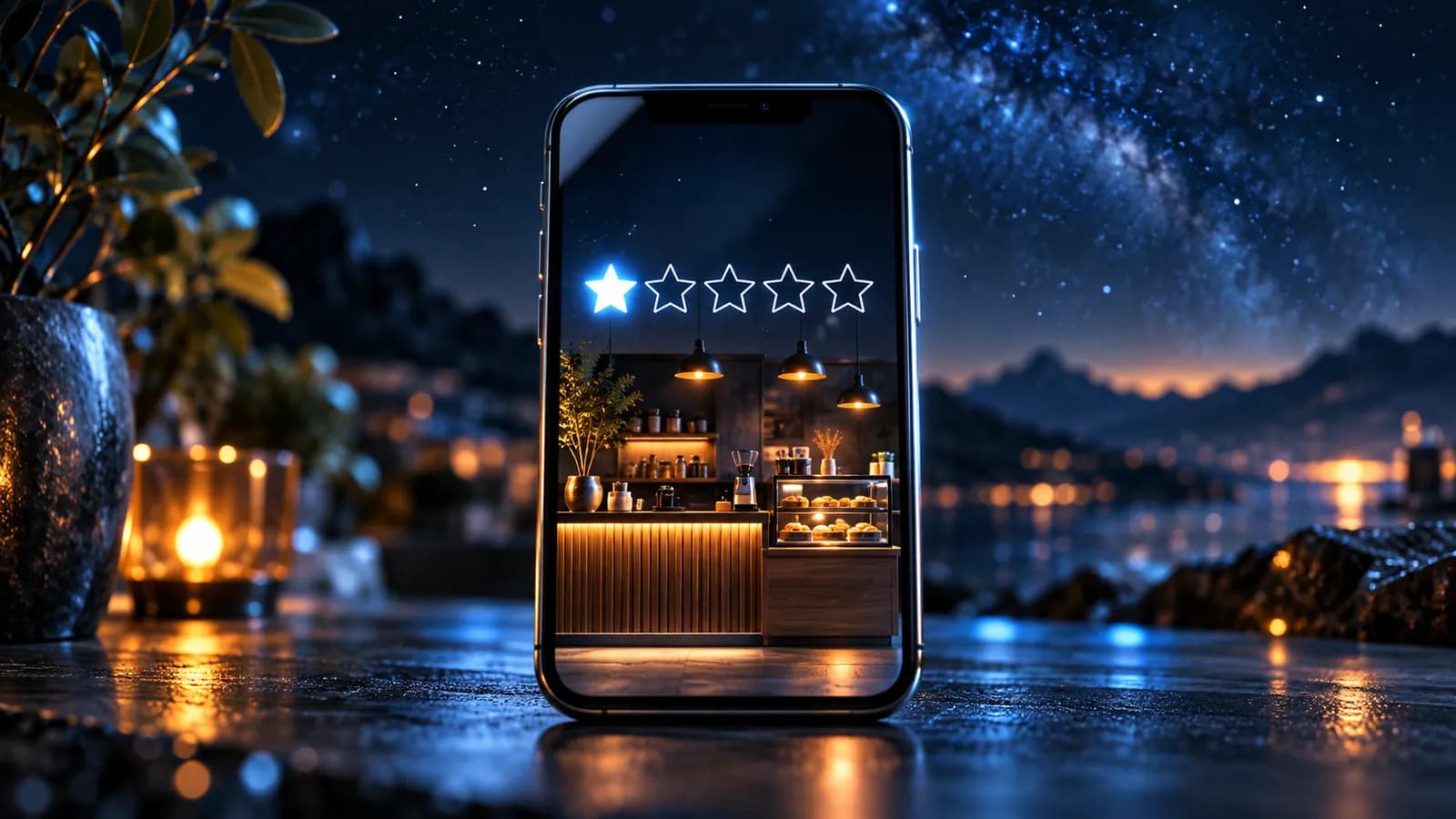 A smartphone with five stars floating above a small shop shelf; one of the stars glows, evening light, soft focus