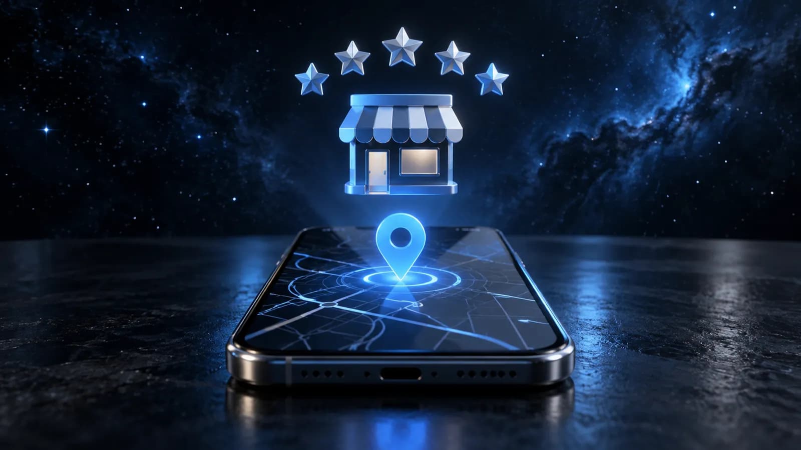 Smartphone with a map, location pin and star rating