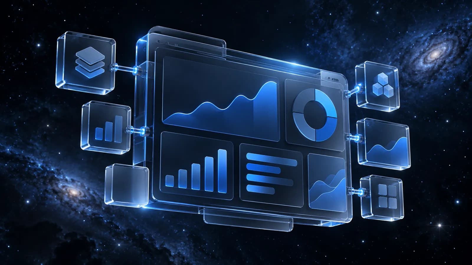 Gläsernes Dashboard mit Diagrammen und modularen Software-Bausteinen