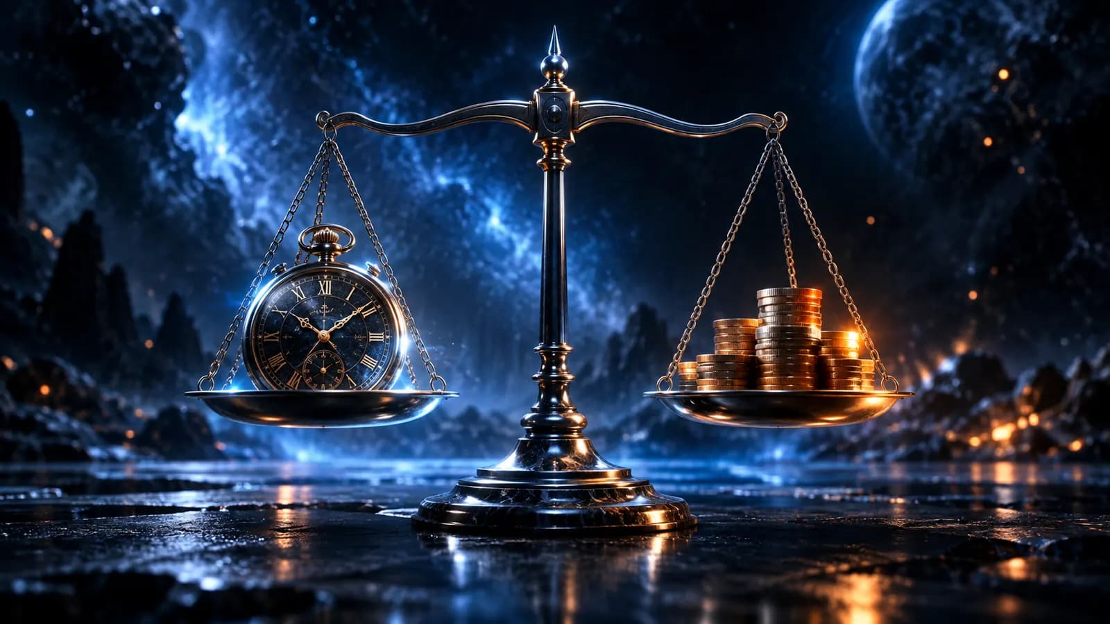 Blauer Planet im dunklen Weltall, umgeben von feinen Partikelspuren, die wie automatisierte Prozesse kreisen