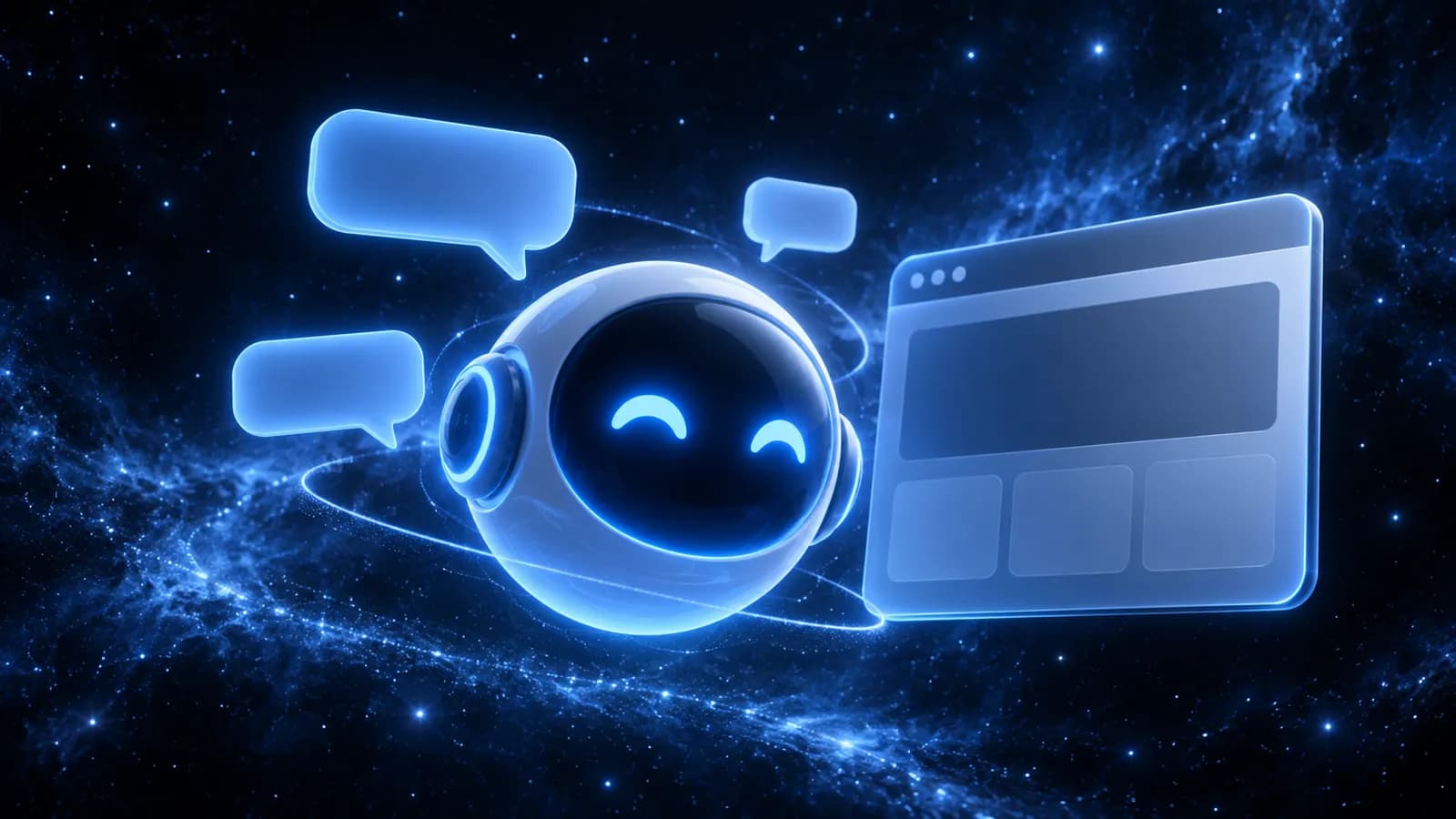 KI-Assistent mit Sprechblasen neben einem Browserfenster