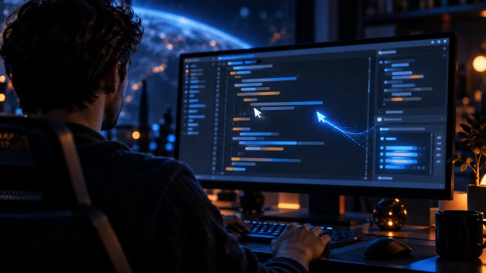 Ein Code-Editor auf einem dunklen Bildschirm, in dem neben dem Cursor eines Menschen ein zweiter, sanfter Cursor mitschreibt, Blick über die Schulter, ohne lesbaren Code