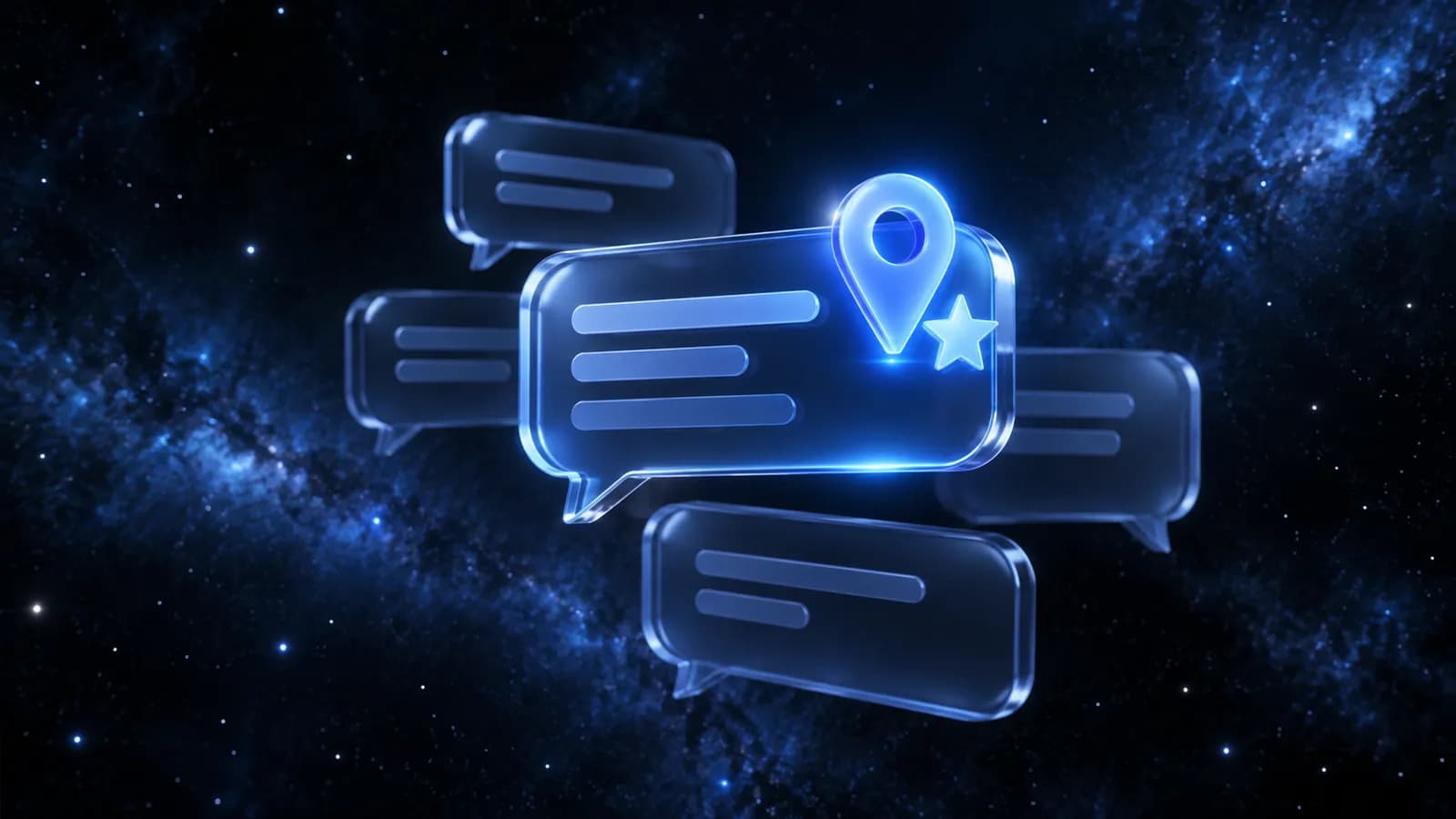AI answer bubbles, one highlighting a business location pin