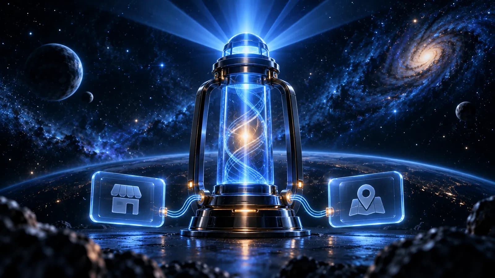 Ein blau leuchtender Glaszylinder in einem dunklen Metallgestell sendet Lichtstrahlen aus und ist über leuchtende Verbindungen mit zwei schwebenden Glastafeln verbunden.