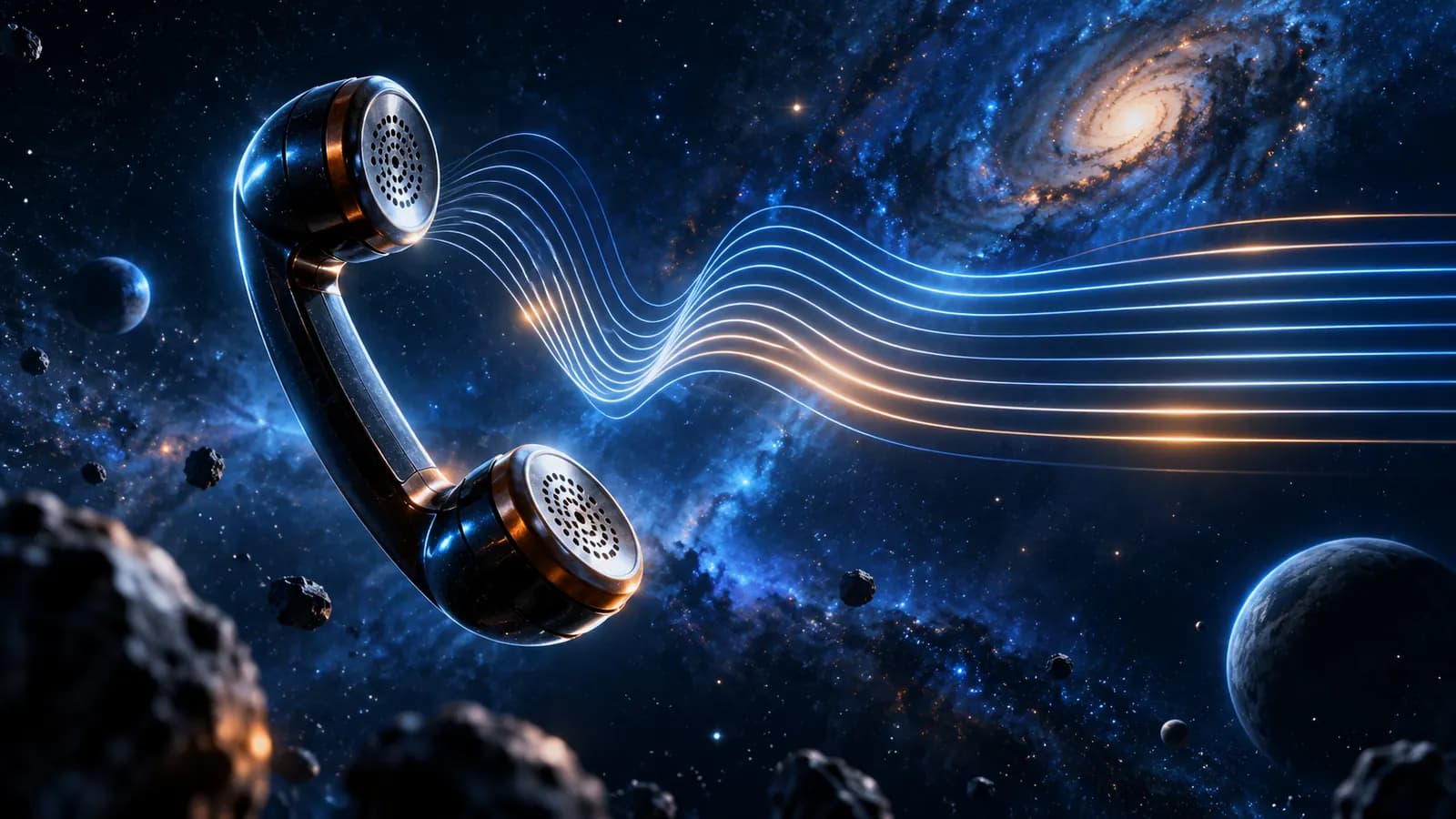 Blauer Planet im dunklen Weltall, umkreist von feinen Lichtbahnen, die wie eine Telefonleitung in den Raum hineinreichen