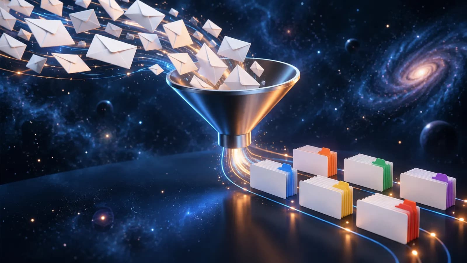 Envelopes streaming into a funnel and leaving as neatly sorted cards with colour tags, isometric on a dark background
