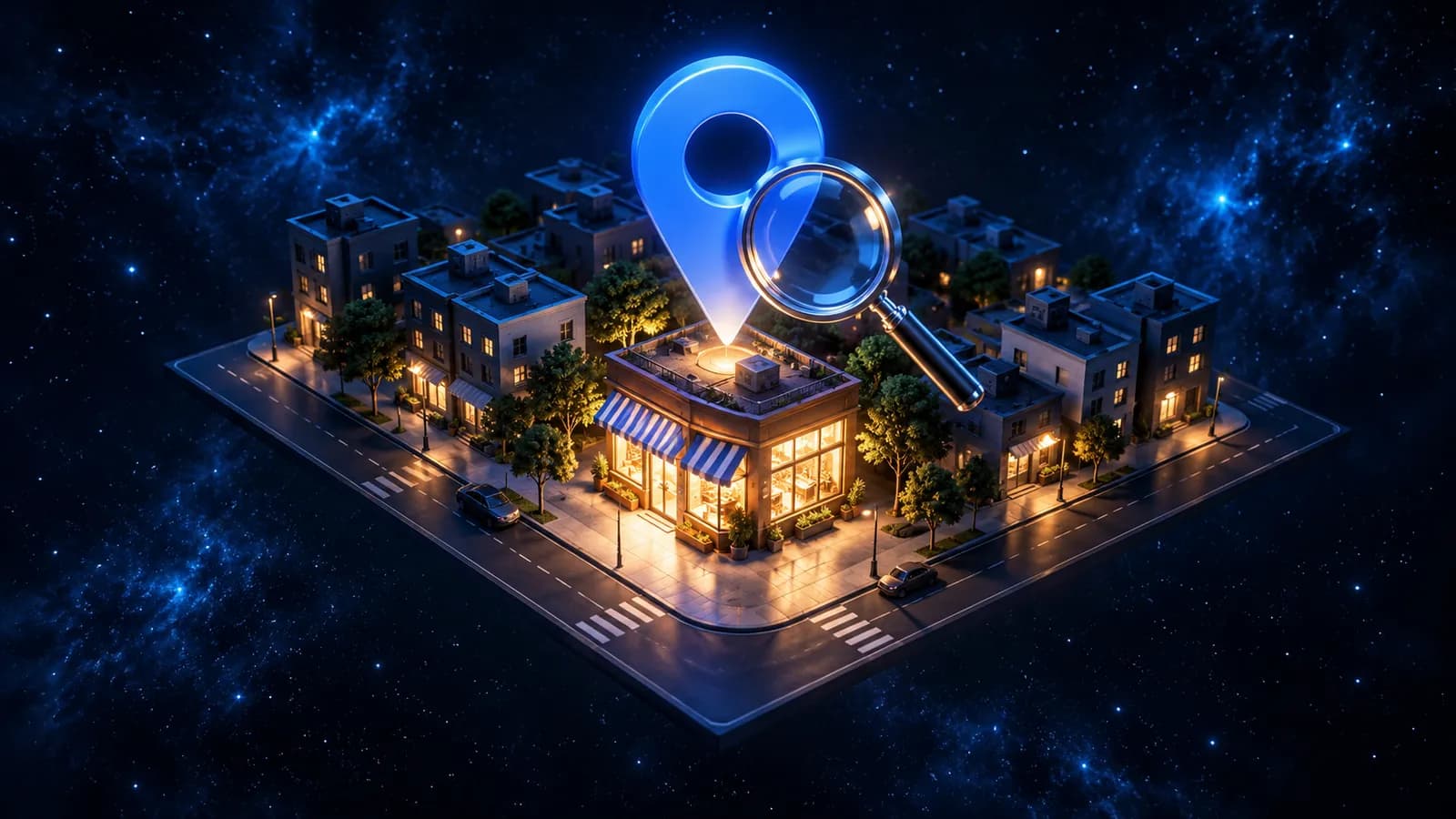 Miniature city at night with a glowing shop, map pin and magnifier