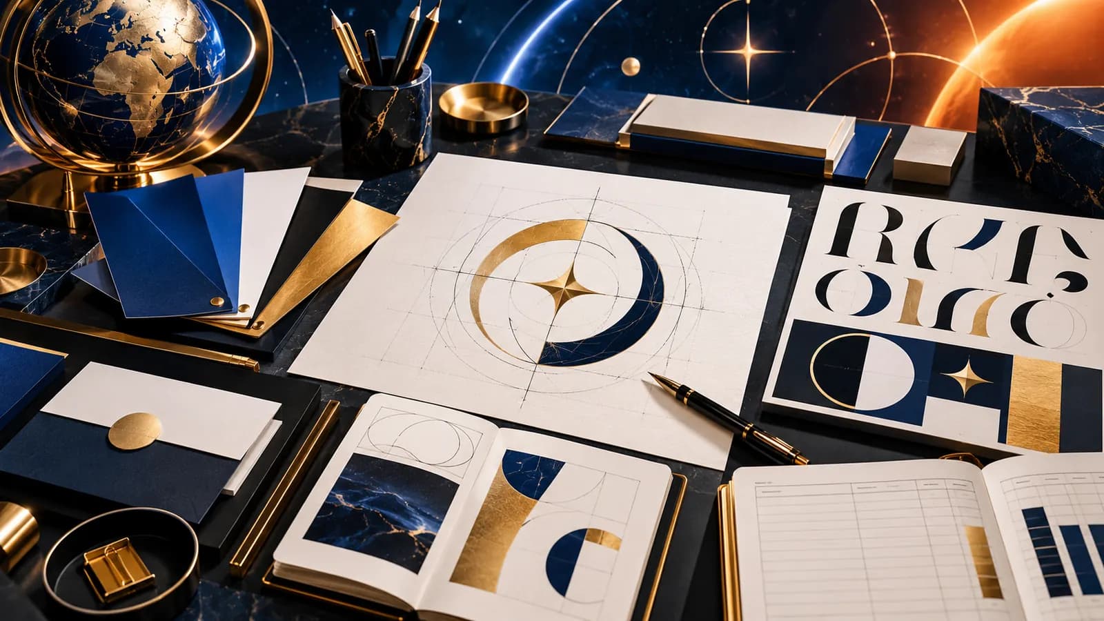 Corporate-Design-Mockup mit Logo-Emblem, Visitenkarten und Farbmustern