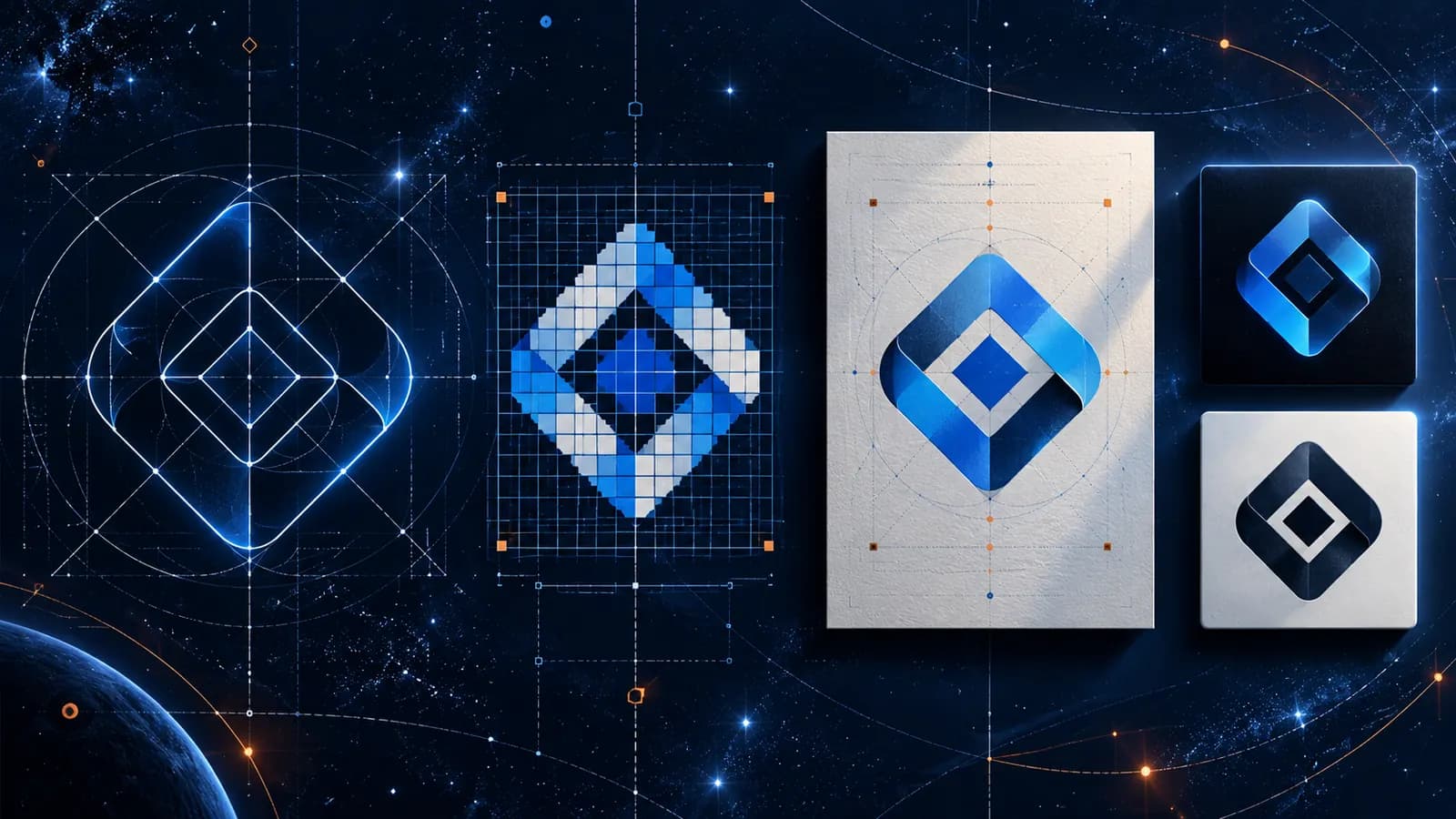 Ein schlichtes Logo in vier Darstellungen: Vektorumriss, Pixelraster, Druckbogen sowie helle und dunkle Variante im Blaupausen-Stil