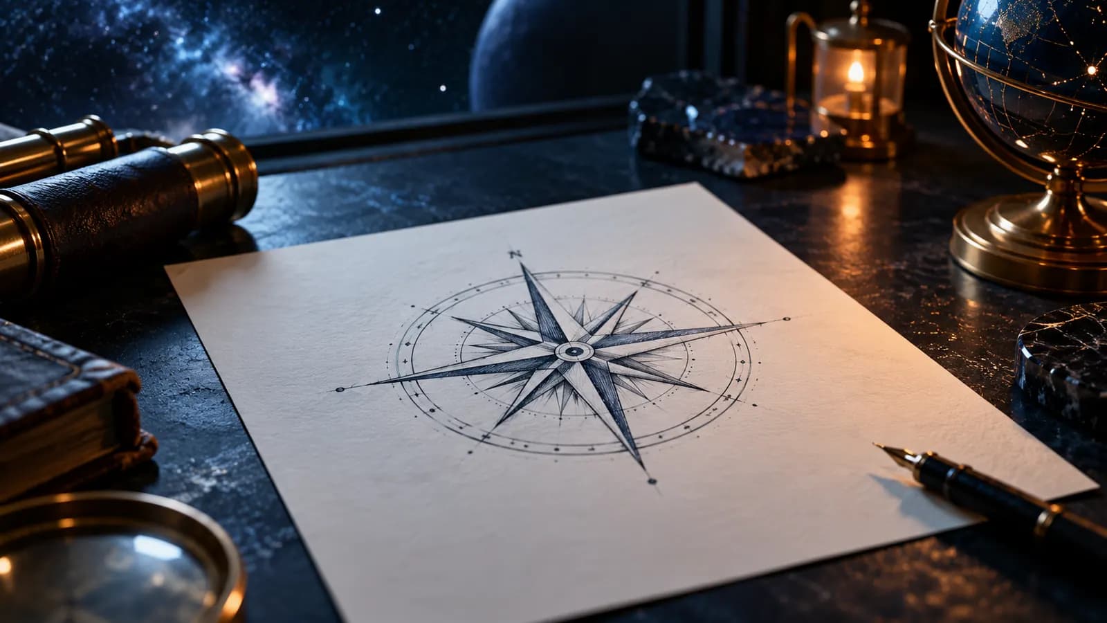 Ein einzelnes Blatt auf einem dunklen Schreibtisch mit einer gezeichneten Kompassrose im weichen Licht