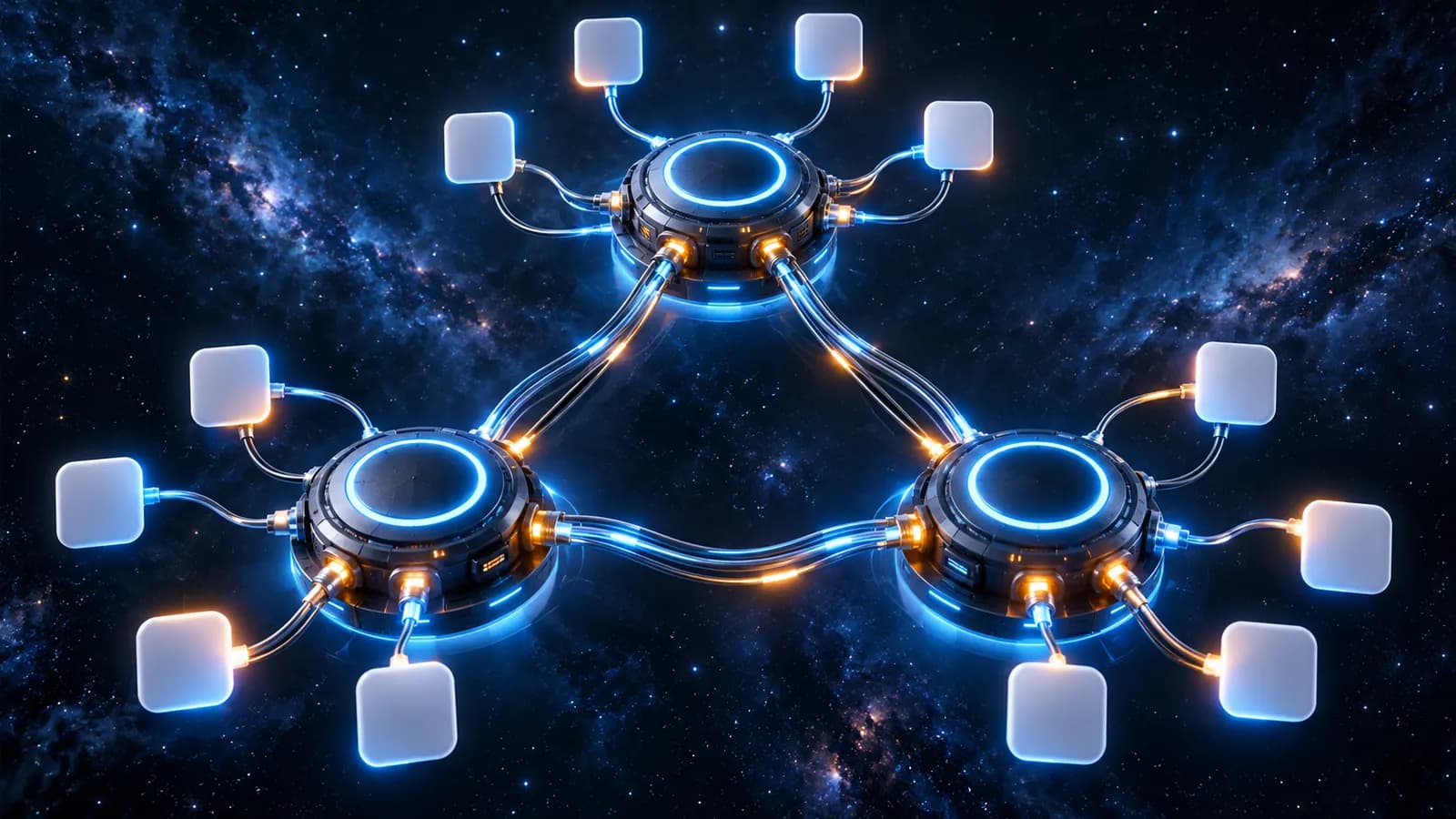 Drei abstrakte Verknüpfungsnodes mit Kabeln, die App-Symbole als leere abgerundete Quadrate verbinden, dunkles schematisches Design