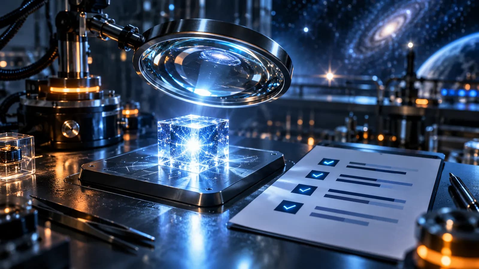 A test bench with a glowing cube under a magnifying lens and a scorecard in a dark lab