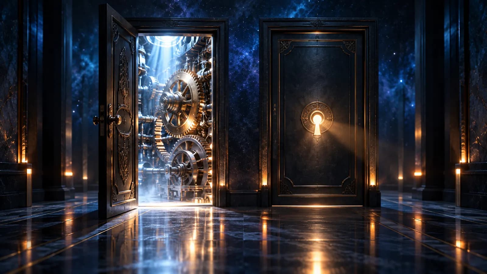 Two doors in a dark corridor: one open with visible gears, one closed with a glowing keyhole