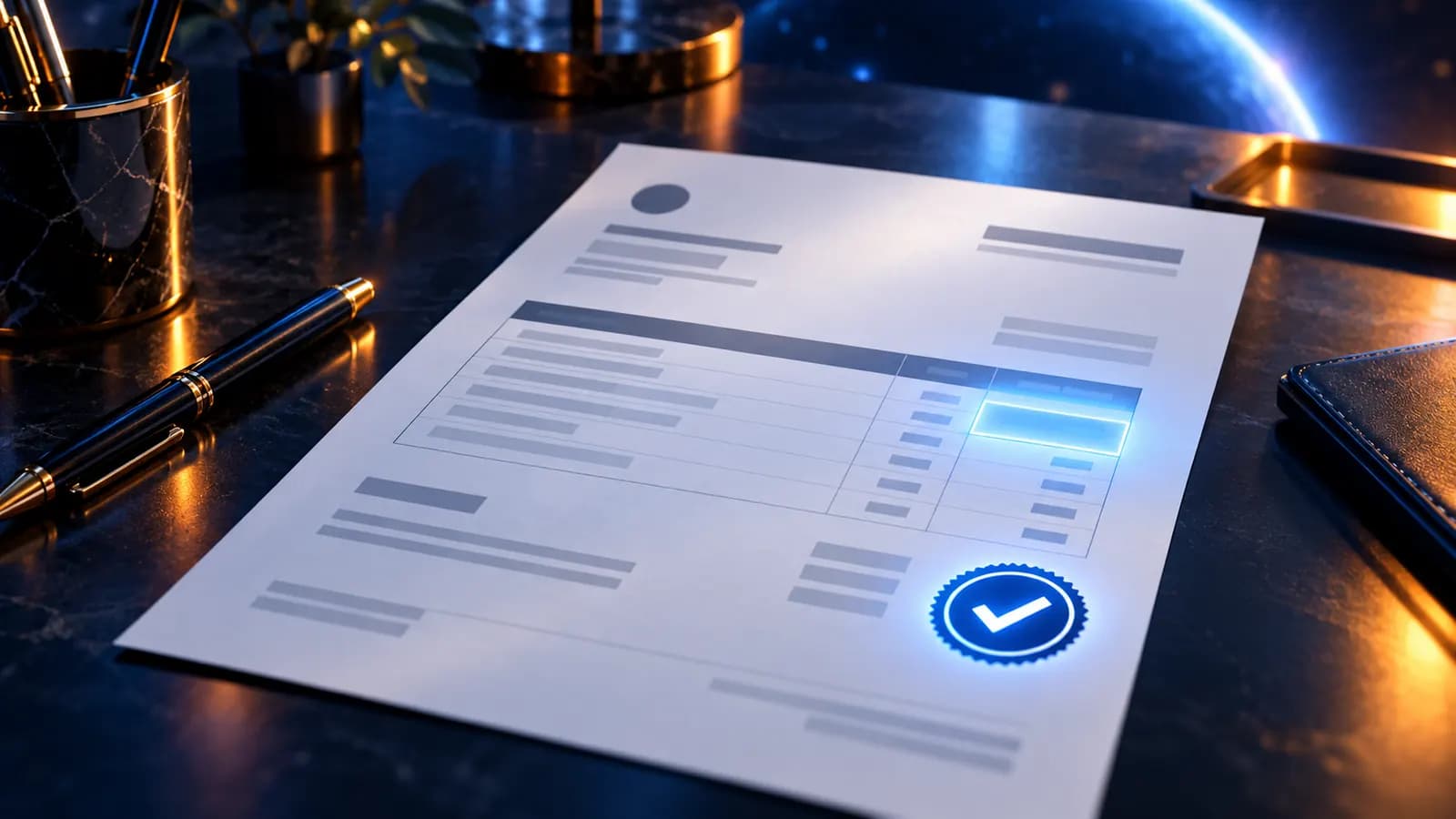 Ein sauberes Rechnungsdokument mit hervorgehobenem Nummernfeld und Haken-Siegel auf einem dunklen Schreibtisch im blauen Licht