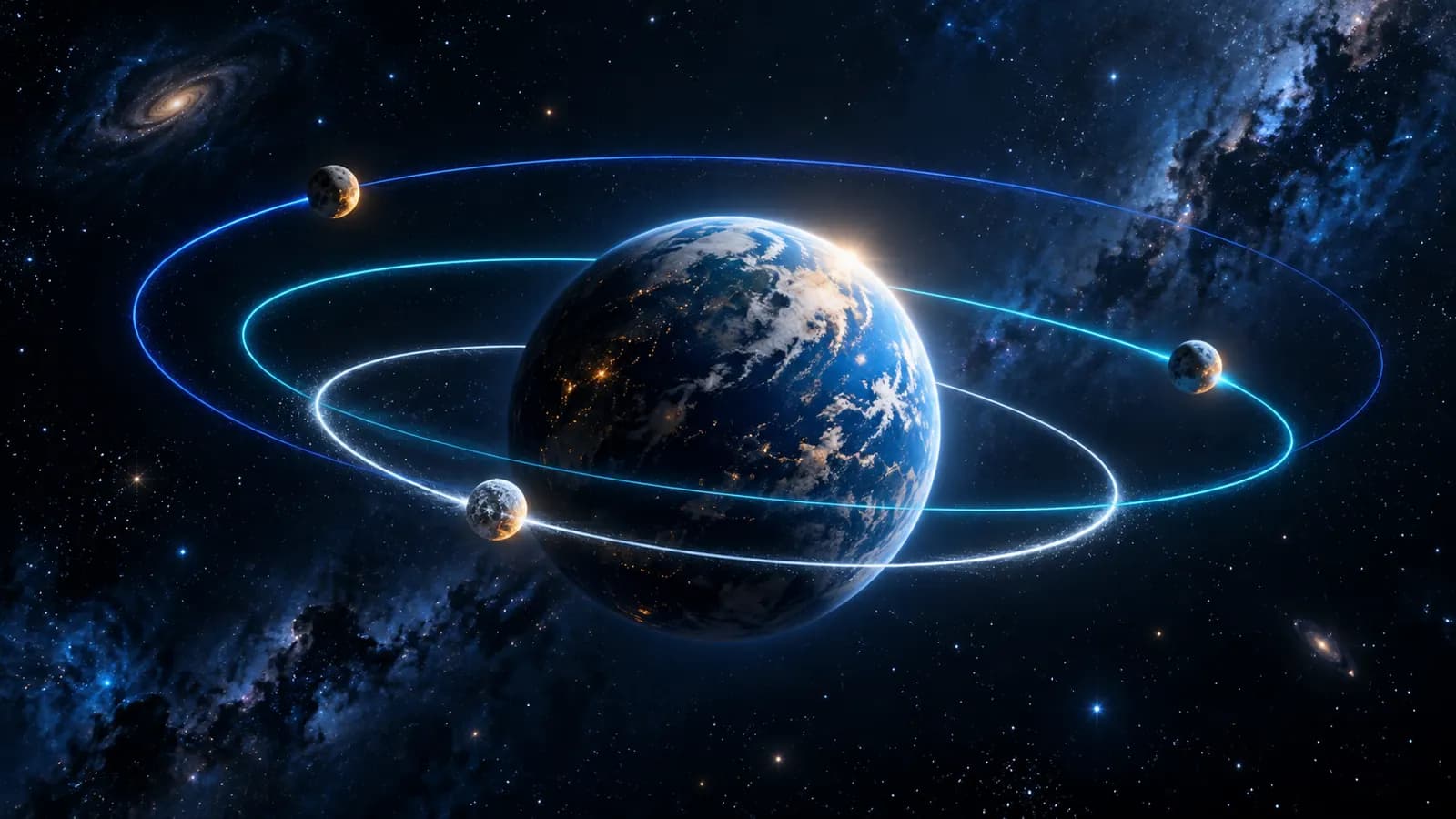 Drei Umlaufbahnen in verschiedenen Blautönen kreisen um einen kleinen Planeten, auf einer Bahn ein kleiner Satellit, minimaler Kosmos, dunkler Hintergrund