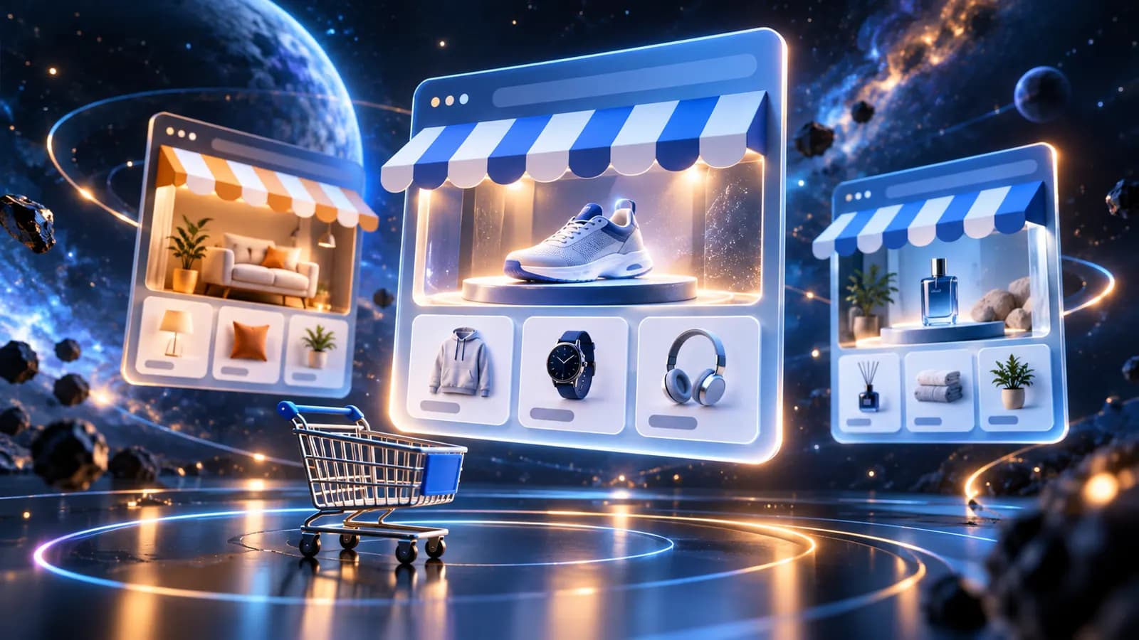 Drei schwebende Shop-Fronten unterschiedlicher Größe auf dunklem kosmischem Hintergrund, vor ihnen ein kleines Einkaufswagen-Symbol, in Blau und Weiß