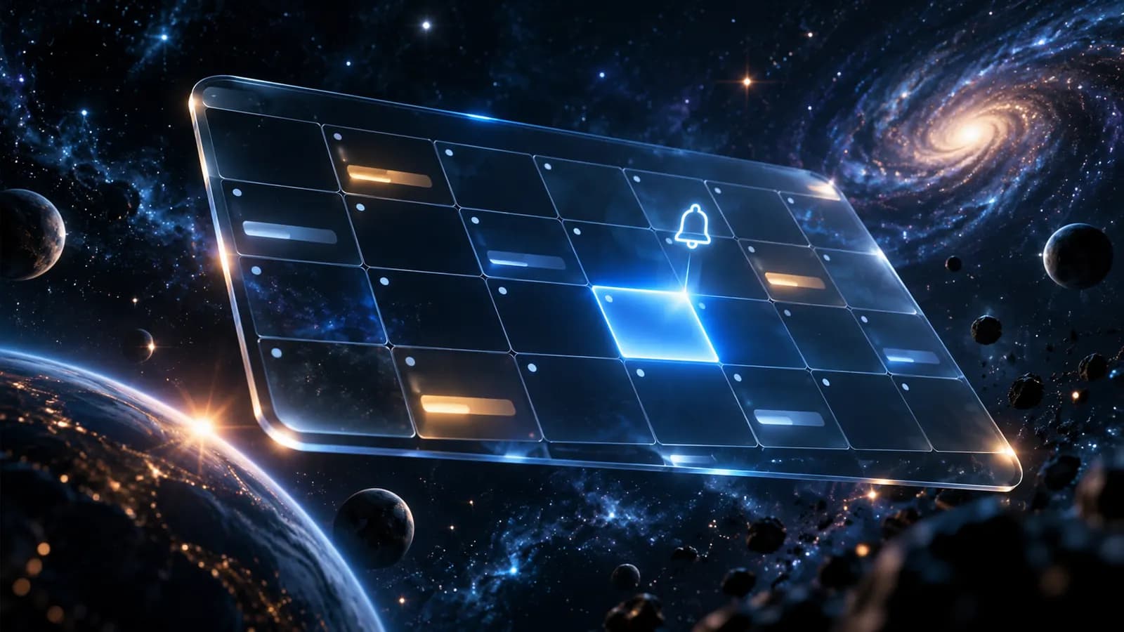 Ein Kalender-Raster schwebt im Weltraum, ein einzelner Zeitslot leuchtet blau auf, daneben ein kleines Glocken-Symbol, dunkler Hintergrund