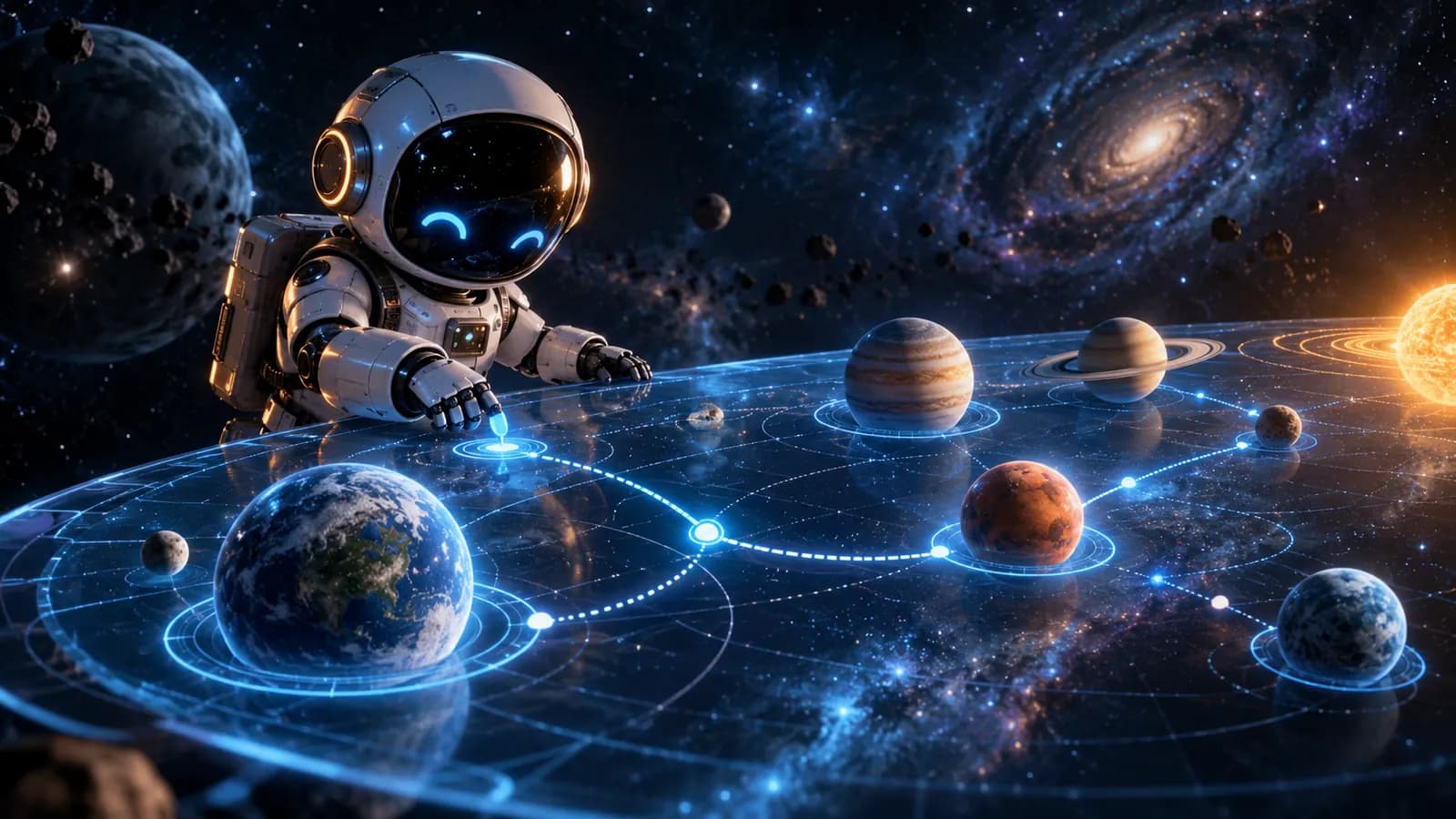 A small astronaut-like robot figure plotting a route between planets on a holographic map in dark space