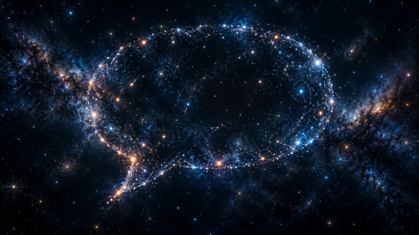 Eine weite Konstellation verbundener Punkte, die den schwachen Umriss einer Sprechblase bildet, vor einem dunklen Himmel