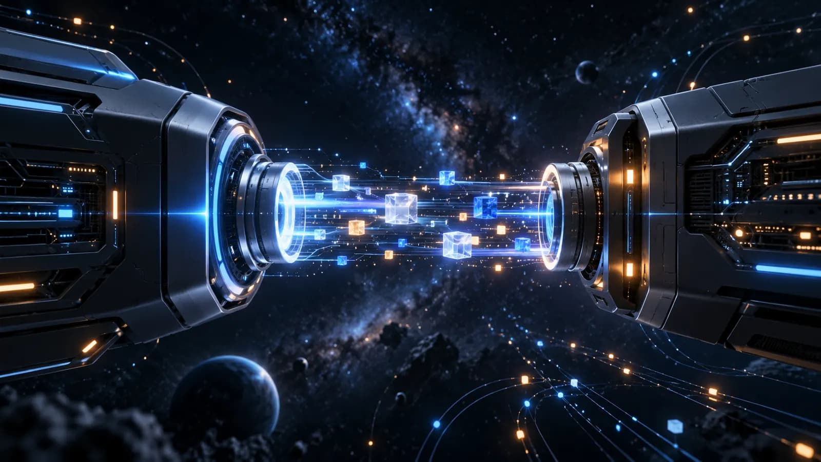 Zwei Geräte tauschen über einen steckerartigen Anschluss kleine leuchtende Datenpakete aus, als dunkle schematische Darstellung