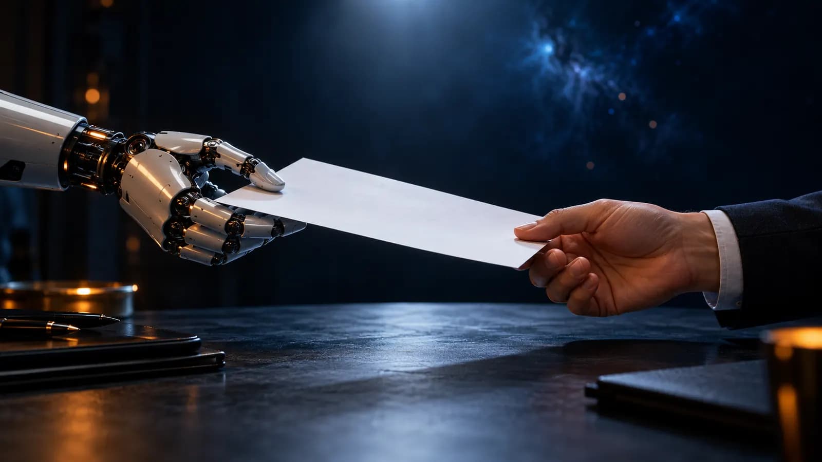 Eine Roboterhand reicht einer menschlichen Hand ein Dokument über einen Schreibtisch, im Scheinwerferlicht auf dunklem Grund