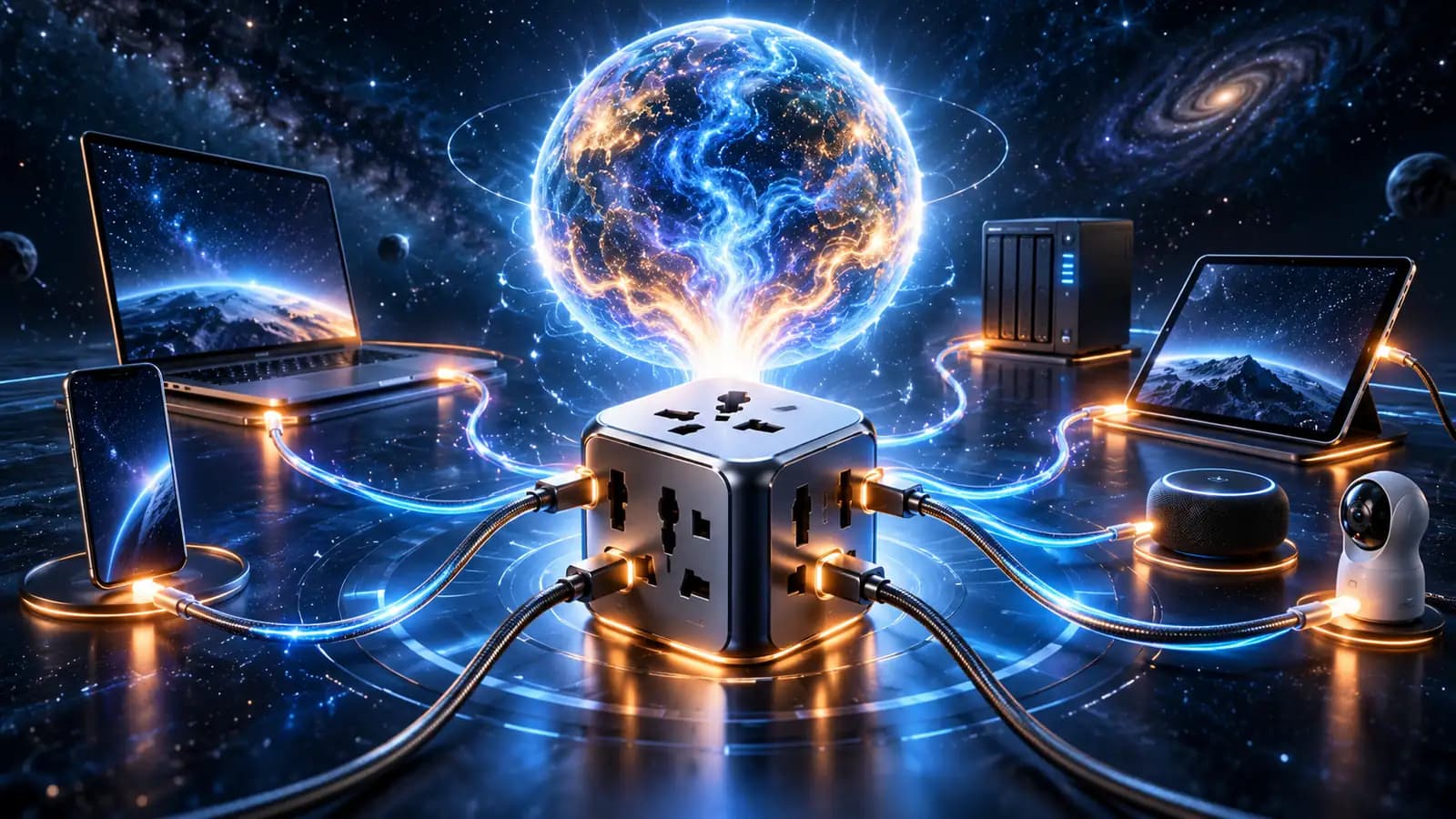 A universal adapter plug connecting a glowing orb to several device outlines against a dark background in blue tones