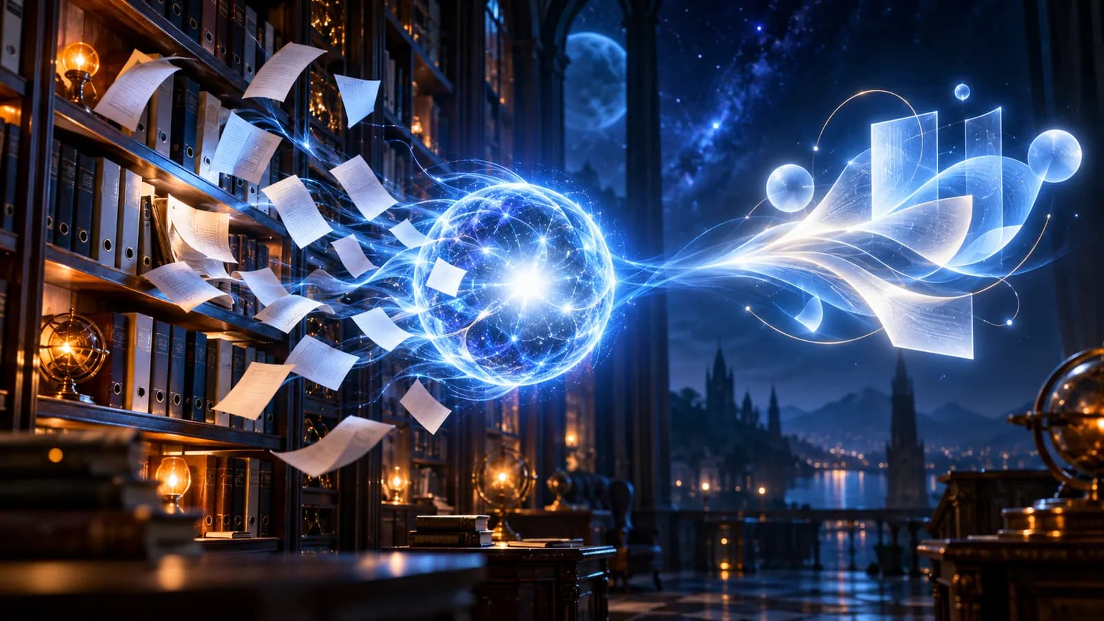 Dark page with a blue planet, from which documents flow as lines of light into an answer box