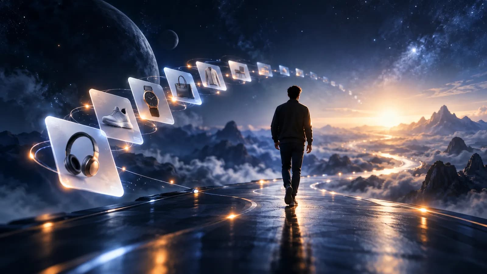 Abstraktes dunkles Bild: Eine schematische Personensilhouette, der eine Spur kleiner Produktkarten folgt